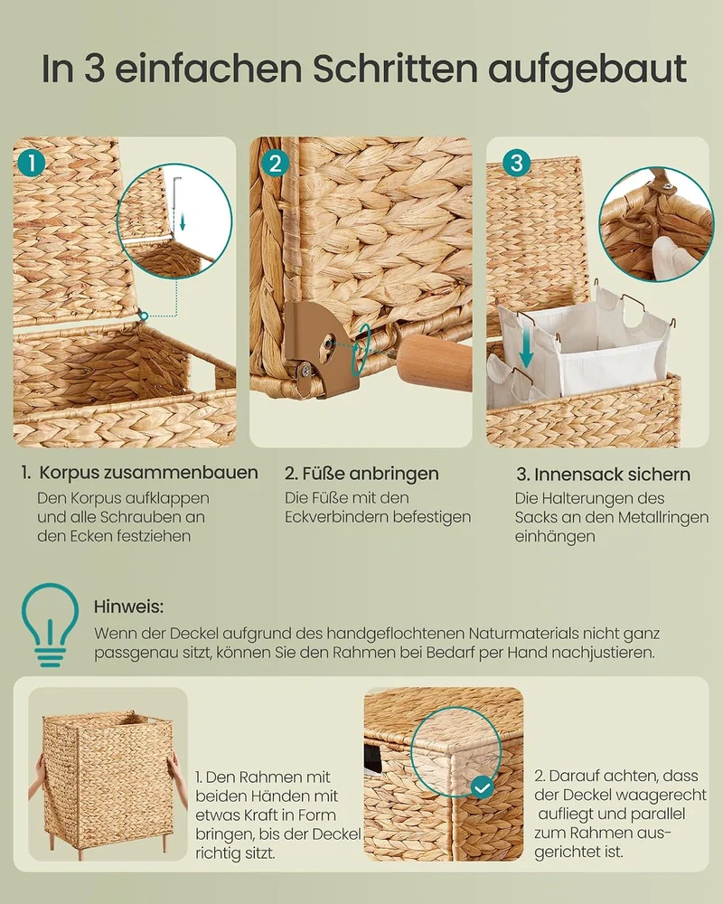 SONGMICS Wäschekorb 2 Fächer, Wäschesammler 130 L handgeflochten, Wäschesortierer Wasserhyazinthe, D