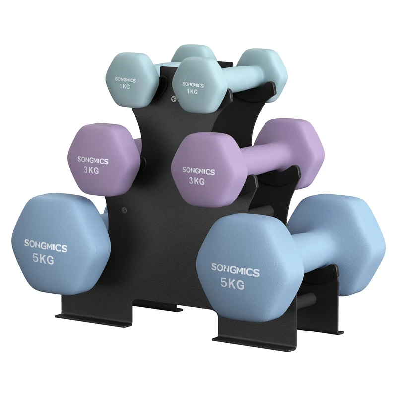 SONGMICS Kurzhantel Set, Hexagon, mit Hantelständer, 2 x 1 kg, 2 x 3 kg, 2 x 5 kg, mattes Finish, Ne