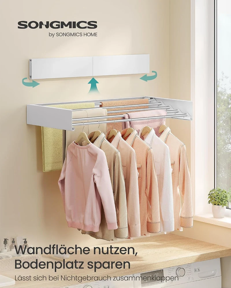SONGMICS Wäscheständer Wandmontage, klappbar, 6 Stangen, 80 cm 80L cm, 80L cm