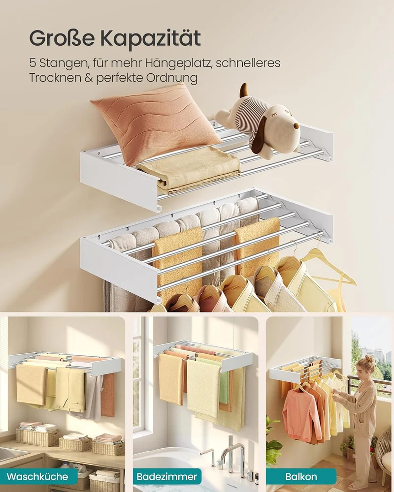 SONGMICS Wäscheständer Wandmontage, klappbar, 6 Stangen, 80 cm 80L cm, 80L cm