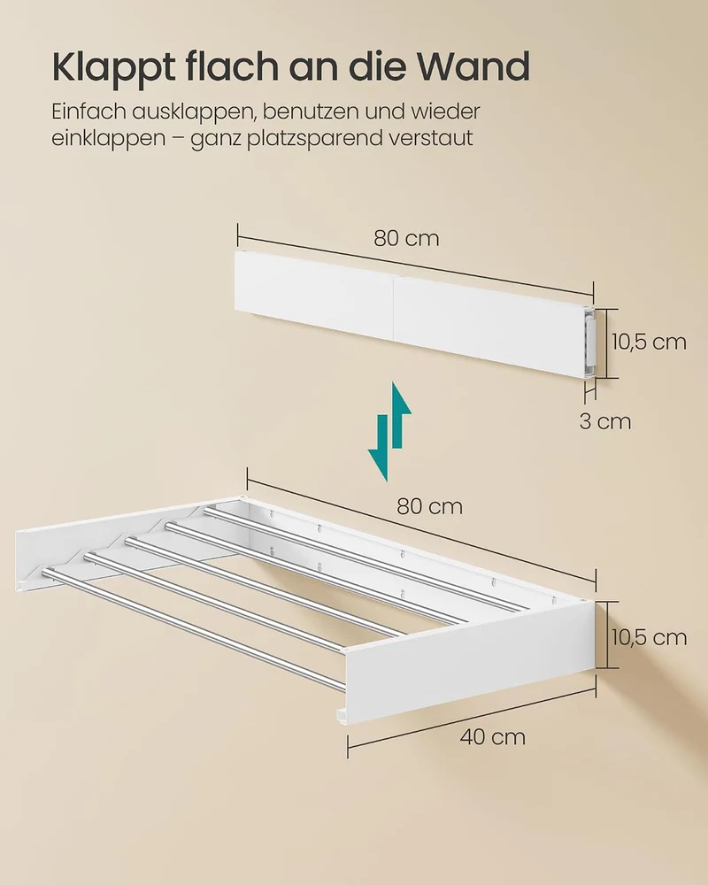 SONGMICS Wäscheständer Wandmontage, klappbar, 6 Stangen, 80 cm 80L cm, 80L cm
