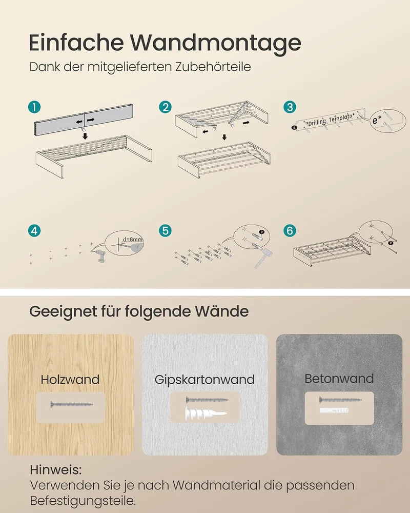 SONGMICS Wäscheständer Wandmontage, klappbar, 6 Stangen, 80 cm 80L cm, 80L cm