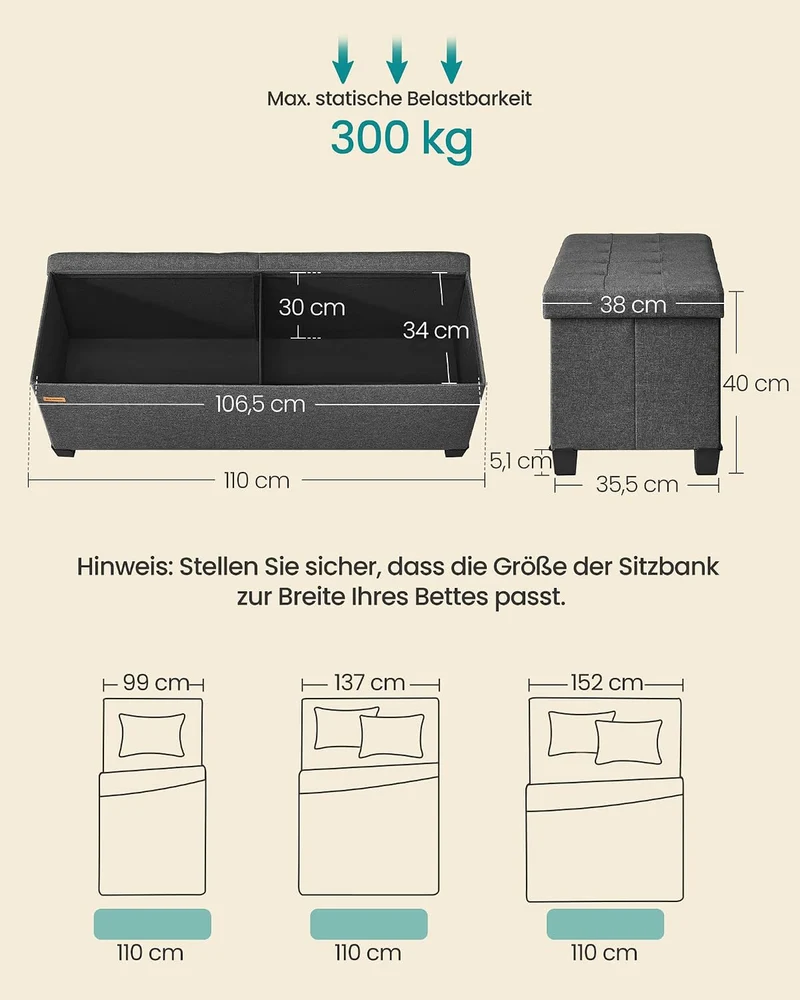 SONGMICS Sitzbank mit Stauraum, faltbar, Klappdeckel, 110 cm Grauer Schiefer 110L cm Mit Füssen, Gra