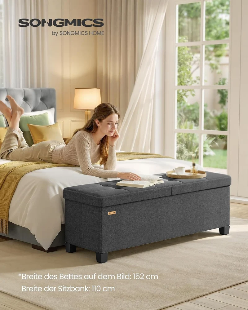 SONGMICS Sitzbank mit Stauraum, faltbar, Klappdeckel, 110 cm Grauer Schiefer 110L cm Mit Füssen, Gra