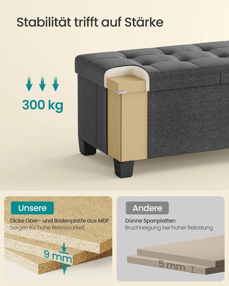 SONGMICS Sitzbank mit Stauraum, faltbar, Klappdeckel, 110 cm Grauer Schiefer 110L cm Mit Füssen, Gra