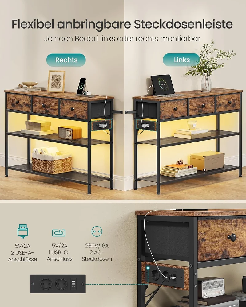 SONGMICS BELLAH Kollektion - Konsolentisch mit Steckdose, Sofatisch schmal, Flurtisch mit LED-Beleuc