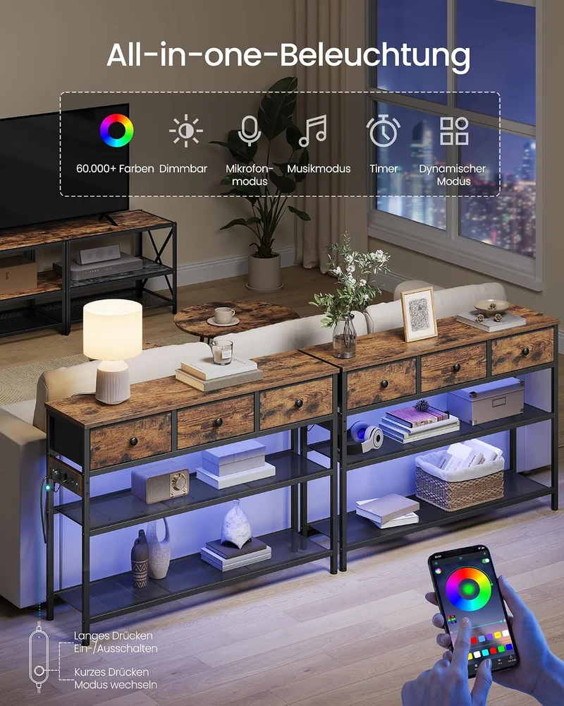 SONGMICS BELLAH Kollektion - Konsolentisch mit Steckdose, Sofatisch schmal, Flurtisch mit LED-Beleuc