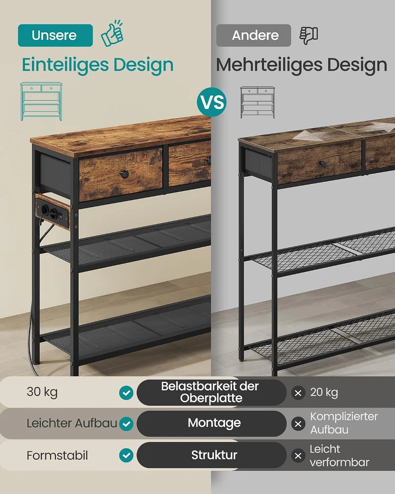 SONGMICS BELLAH Kollektion - Konsolentisch mit Steckdose, Sofatisch schmal, Flurtisch mit LED-Beleuc