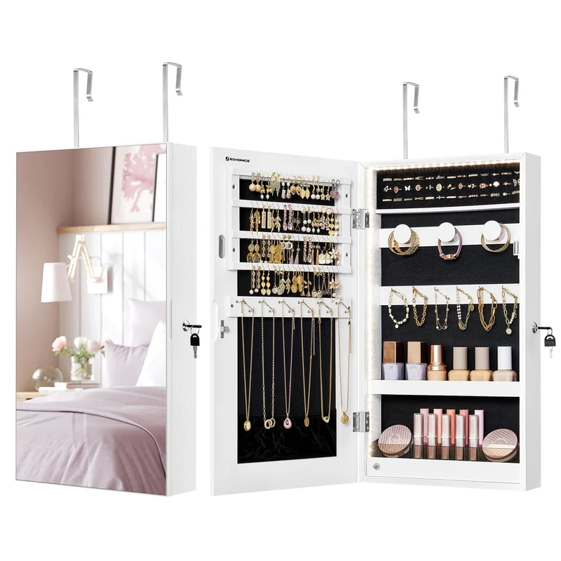 SONGMICS Schmuckschrank, Spiegelschrank, Aufbewahrungsschrank mit LED-Beleuchtung, Tür- oder Wandmon