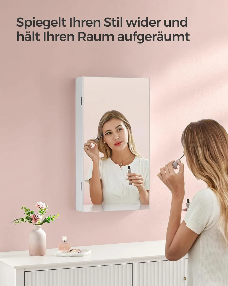 SONGMICS Schmuckschrank, Spiegelschrank, Aufbewahrungsschrank mit LED-Beleuchtung, Tür- oder Wandmon
