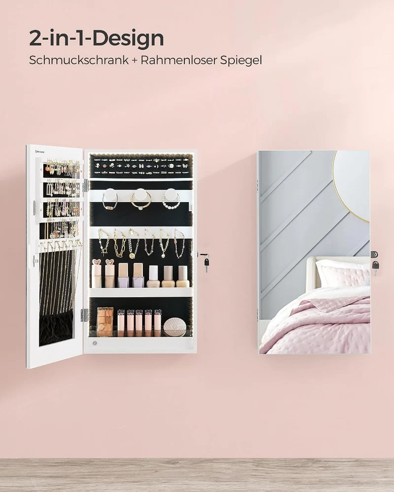 SONGMICS Schmuckschrank, Spiegelschrank, Aufbewahrungsschrank mit LED-Beleuchtung, Tür- oder Wandmon