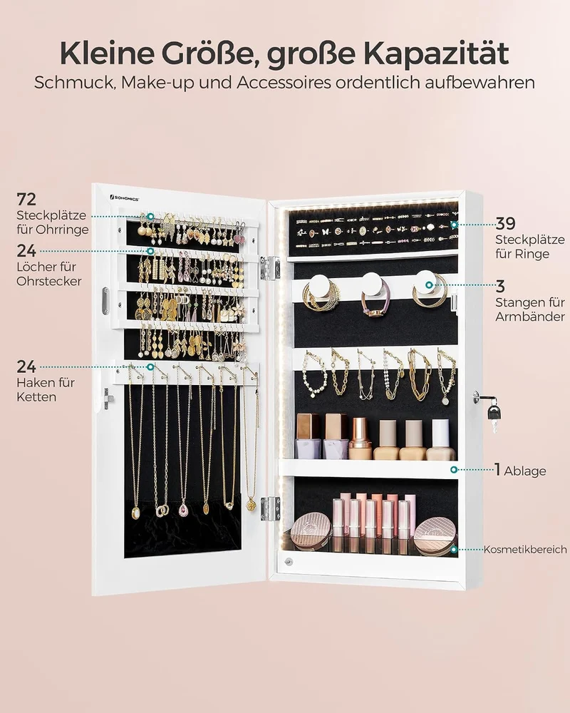 SONGMICS Schmuckschrank, Spiegelschrank, Aufbewahrungsschrank mit LED-Beleuchtung, Tür- oder Wandmon