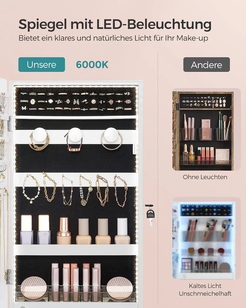 SONGMICS Schmuckschrank, Spiegelschrank, Aufbewahrungsschrank mit LED-Beleuchtung, Tür- oder Wandmon