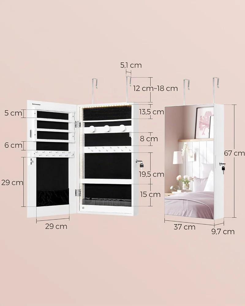 SONGMICS Schmuckschrank, Spiegelschrank, Aufbewahrungsschrank mit LED-Beleuchtung, Tür- oder Wandmon