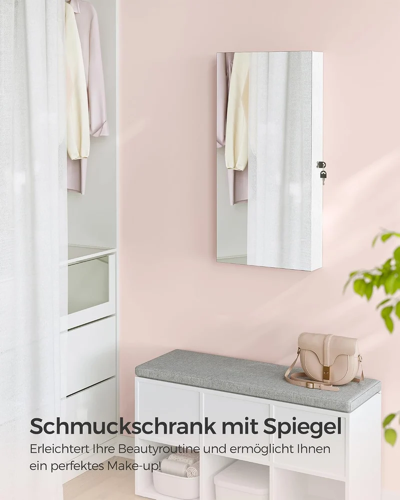 SONGMICS Schmuckschrank, Spiegelschrank, Aufbewahrungsschrank mit LED-Beleuchtung, Tür- oder Wandmon