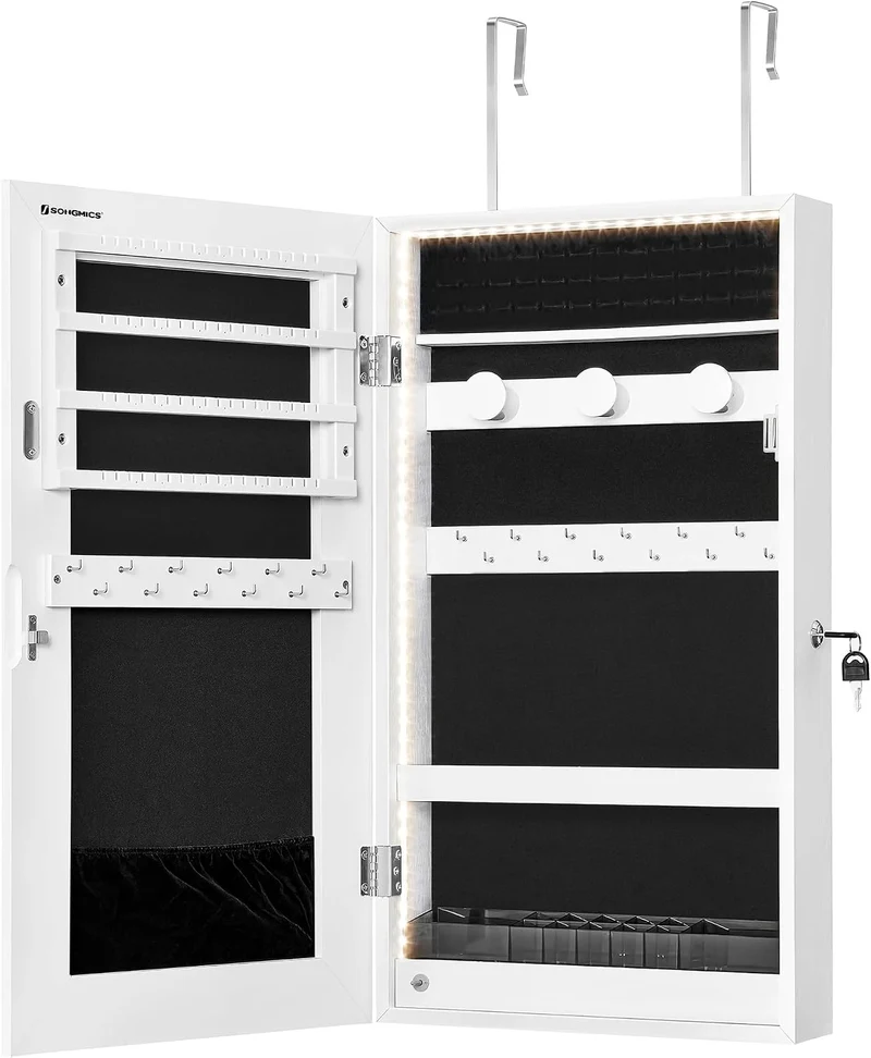 SONGMICS Schmuckschrank, Spiegelschrank, Aufbewahrungsschrank mit LED-Beleuchtung, Tür- oder Wandmon