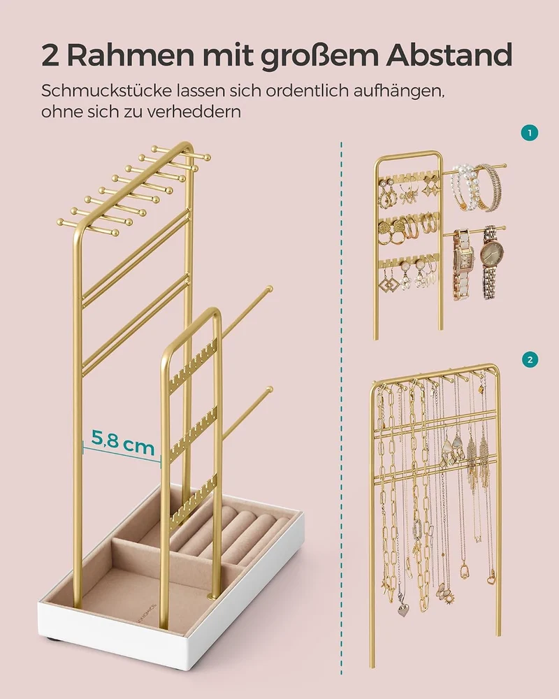 SONGMICS Schmuckständer, Metallrahmen, Schmucktablett Samt, für Halsketten Goldfarben 11.5T x 19.6B
