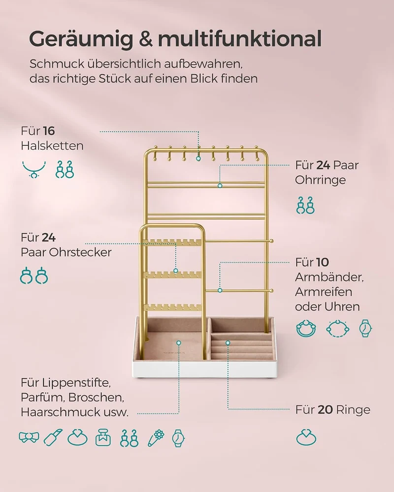 SONGMICS Schmuckständer, Metallrahmen, Schmucktablett Samt, für Halsketten Goldfarben 11.5T x 19.6B