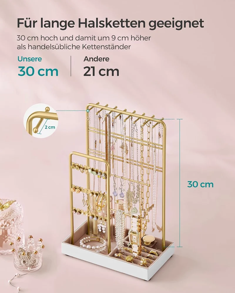 SONGMICS Schmuckständer, Metallrahmen, Schmucktablett Samt, für Halsketten Goldfarben 11.5T x 19.6B
