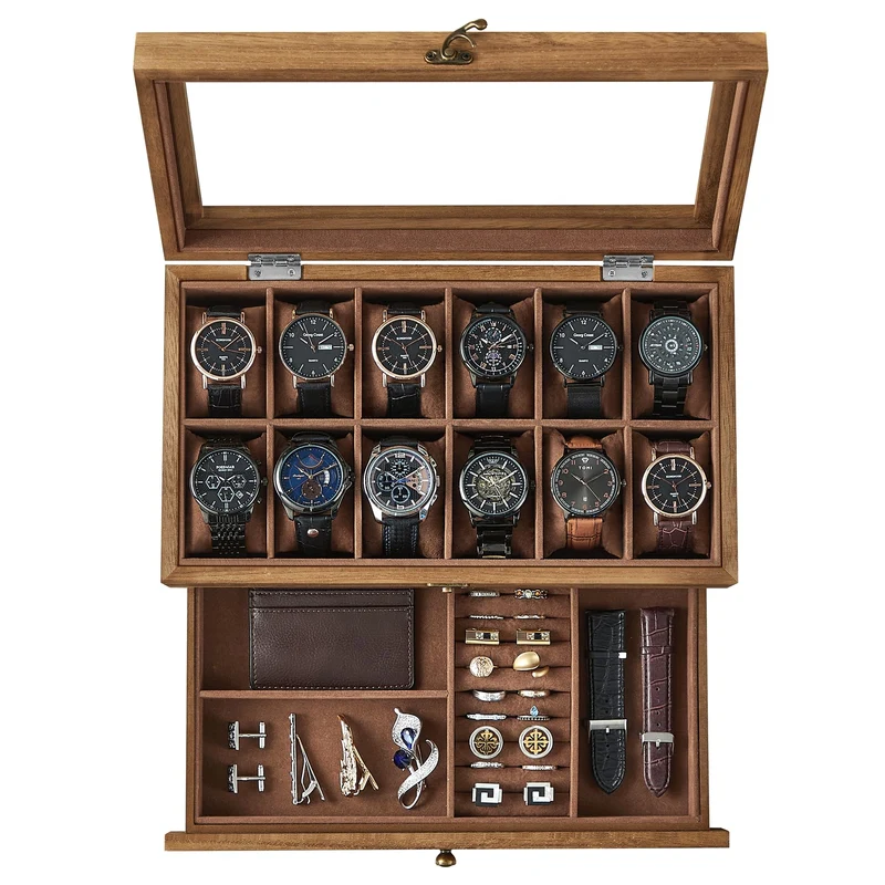 SONGMICS Uhrenbox mit 12 Fächern, aus Massivholz, mit Glasdeckel Walnussfarben 12 Fächern, Walnussfa
