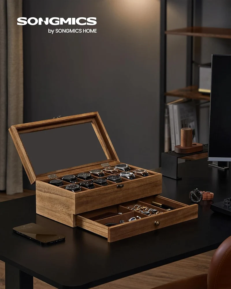 SONGMICS Uhrenbox mit 12 Fächern, aus Massivholz, mit Glasdeckel Walnussfarben 12 Fächern, Walnussfa