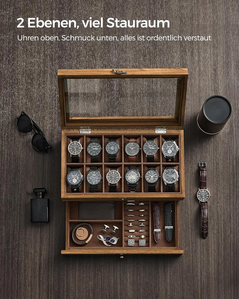SONGMICS Uhrenbox mit 12 Fächern, aus Massivholz, mit Glasdeckel Walnussfarben 12 Fächern, Walnussfa