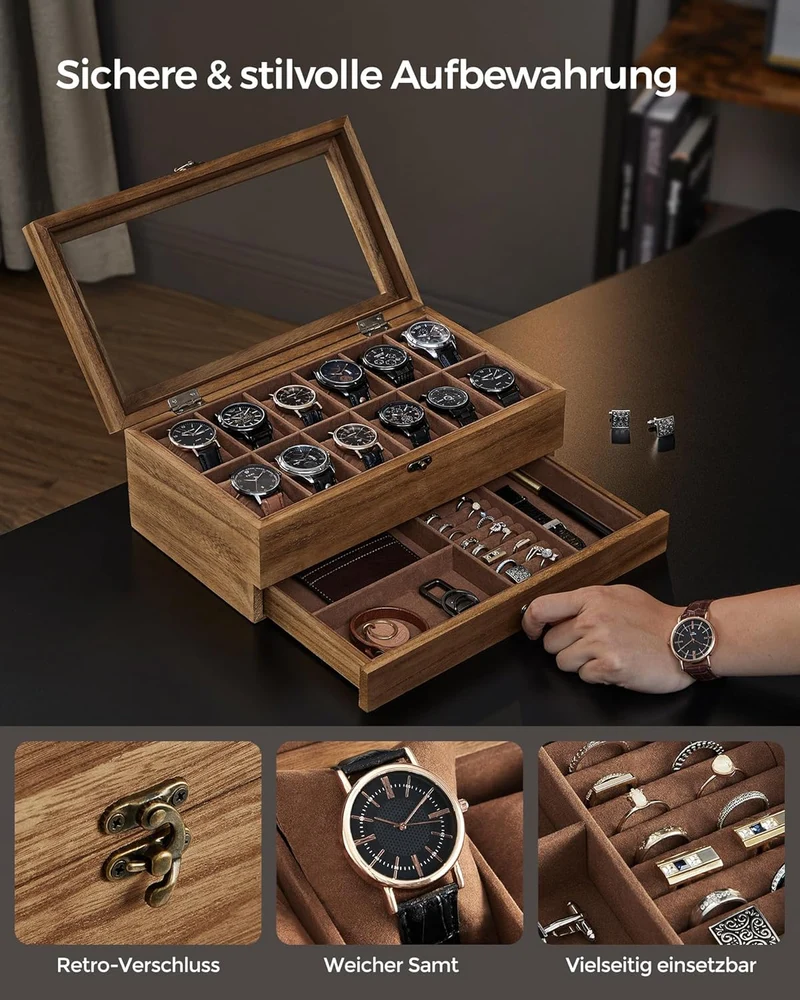 SONGMICS Uhrenbox mit 12 Fächern, aus Massivholz, mit Glasdeckel Walnussfarben 12 Fächern, Walnussfa