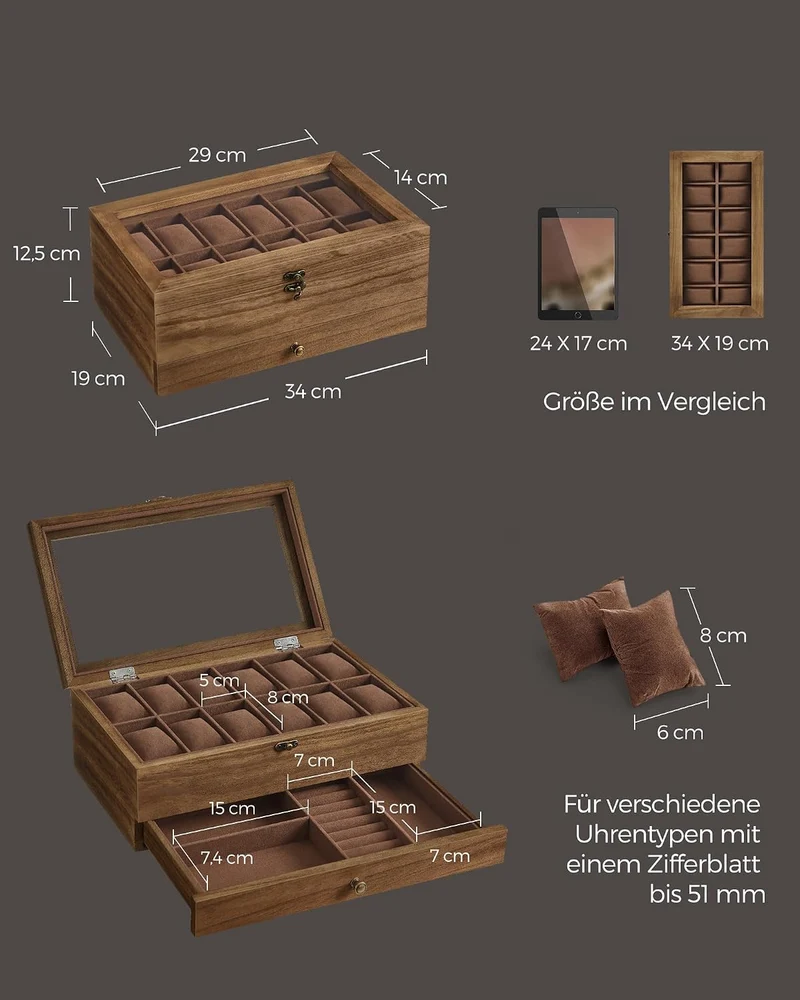 SONGMICS Uhrenbox mit 12 Fächern, aus Massivholz, mit Glasdeckel Walnussfarben 12 Fächern, Walnussfa