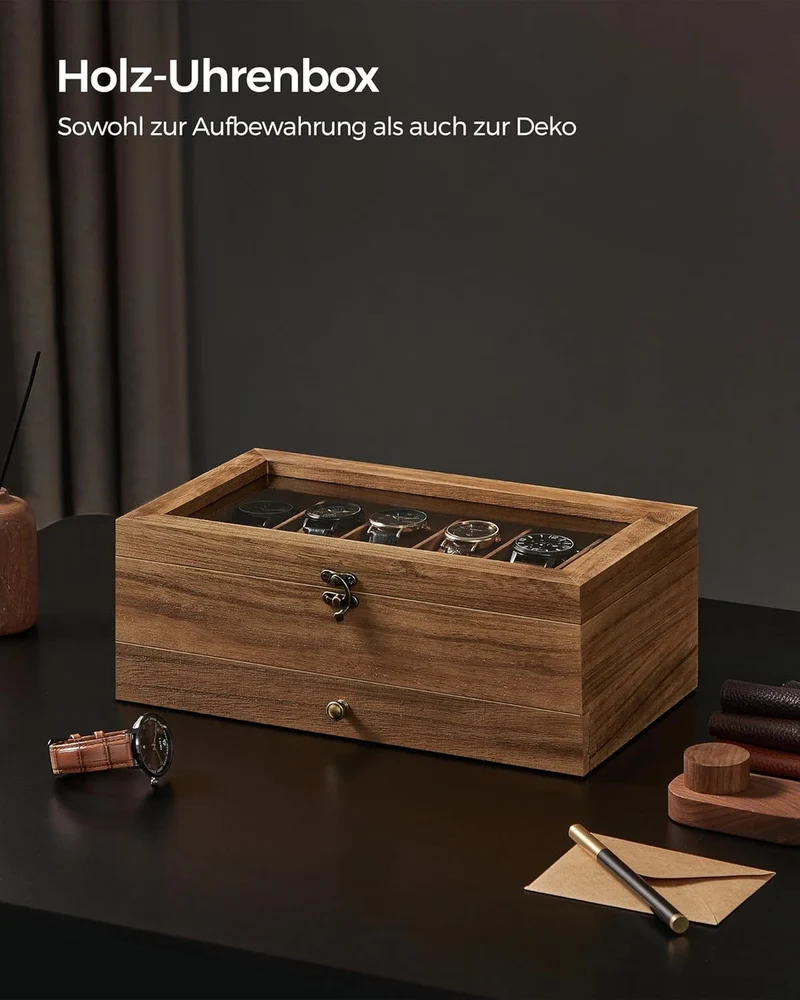 SONGMICS Uhrenbox mit 12 Fächern, aus Massivholz, mit Glasdeckel Walnussfarben 12 Fächern, Walnussfa