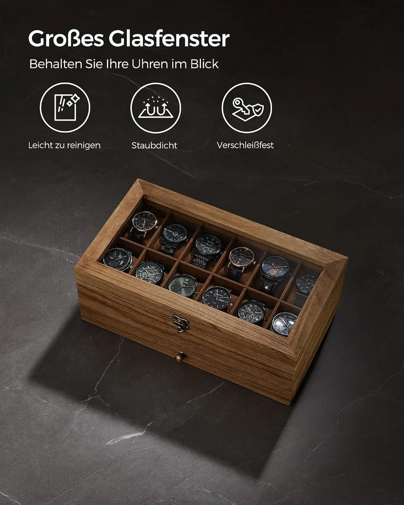 SONGMICS Uhrenbox mit 12 Fächern, aus Massivholz, mit Glasdeckel Walnussfarben 12 Fächern, Walnussfa
