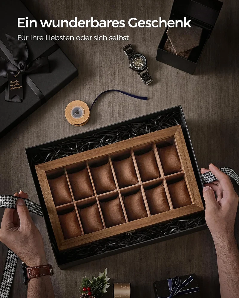 SONGMICS Uhrenbox mit 12 Fächern, aus Massivholz, mit Glasdeckel Walnussfarben 12 Fächern, Walnussfa