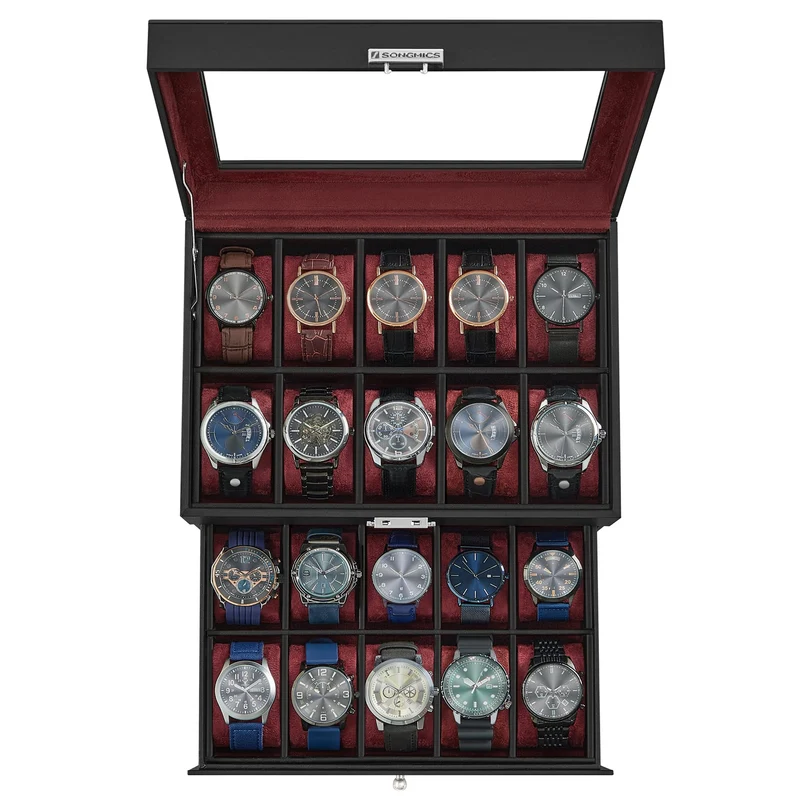 SONGMICS Uhrenbox mit Glasdeckel, 2 Ebenen, für 20 Uhren, abschliessbar 20 Fächer Schwarz + Weinrot,