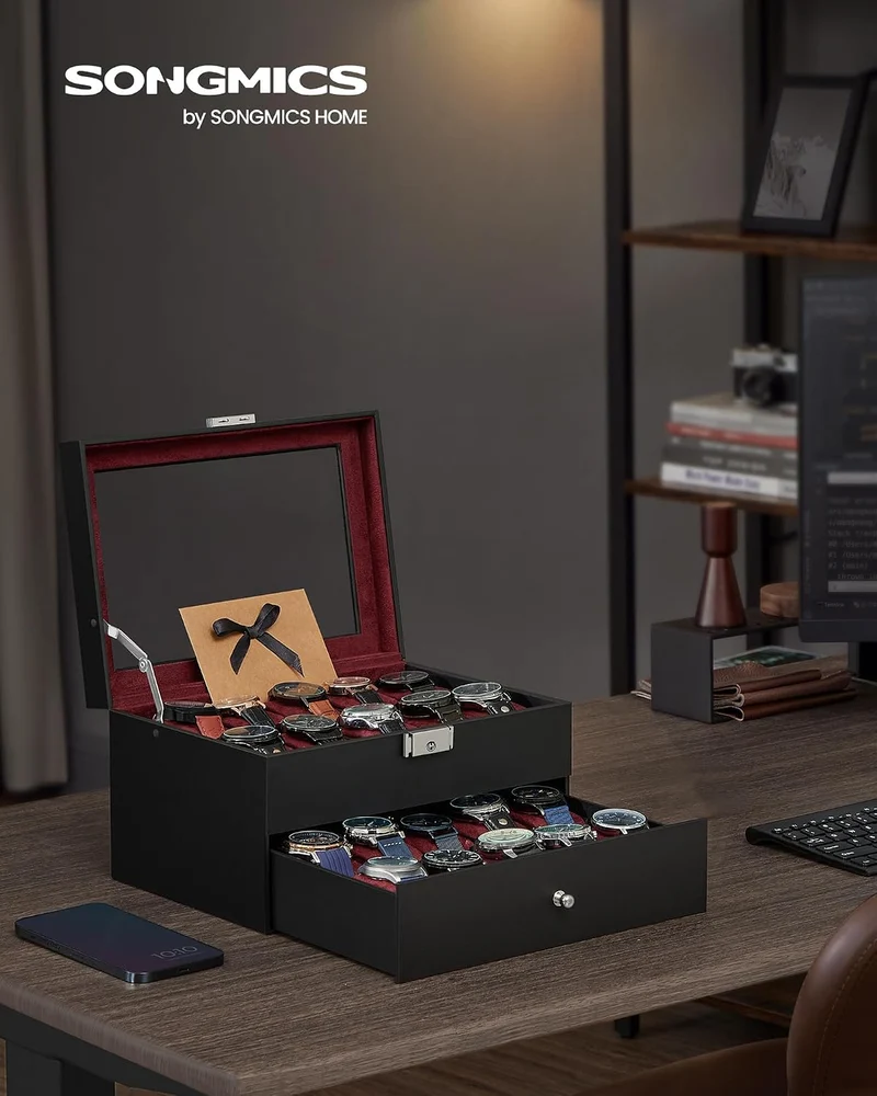 SONGMICS Uhrenbox mit Glasdeckel, 2 Ebenen, für 20 Uhren, abschliessbar 20 Fächer Schwarz + Weinrot,