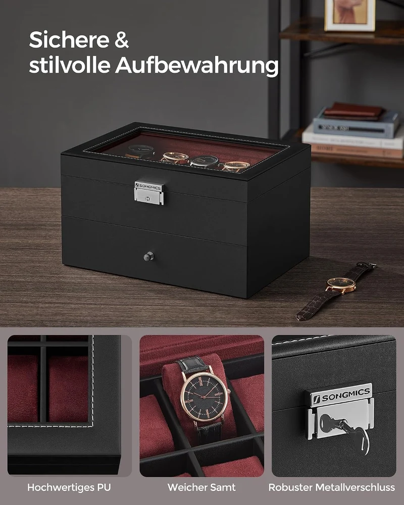 SONGMICS Uhrenbox mit Glasdeckel, 2 Ebenen, für 20 Uhren, abschliessbar 20 Fächer Schwarz + Weinrot,