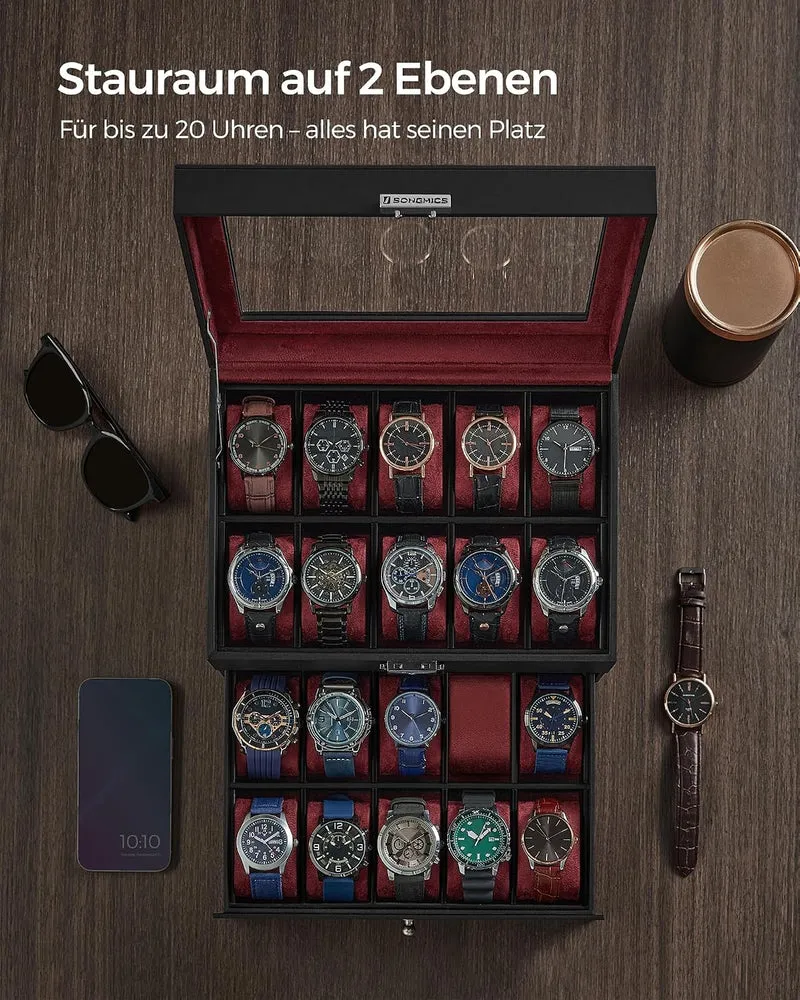 SONGMICS Uhrenbox mit Glasdeckel, 2 Ebenen, für 20 Uhren, abschliessbar 20 Fächer Schwarz + Weinrot,