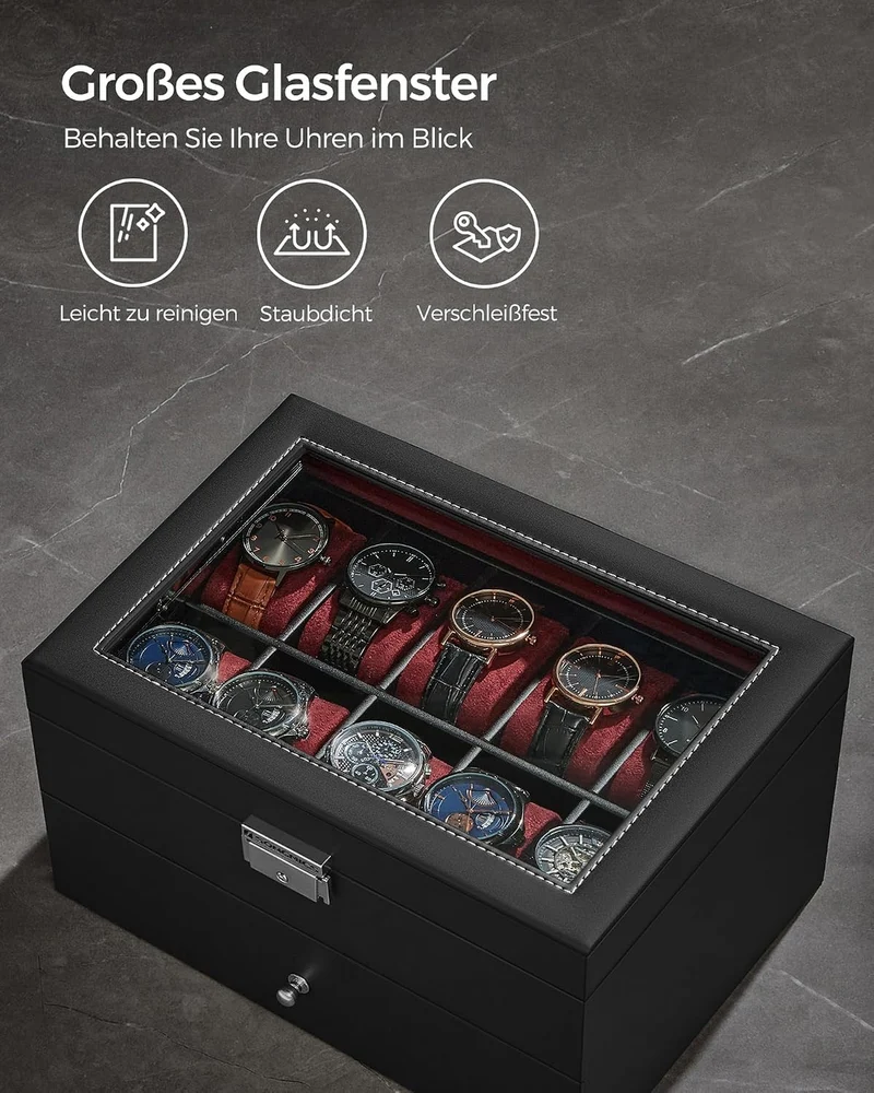 SONGMICS Uhrenbox mit Glasdeckel, 2 Ebenen, für 20 Uhren, abschliessbar 20 Fächer Schwarz + Weinrot,