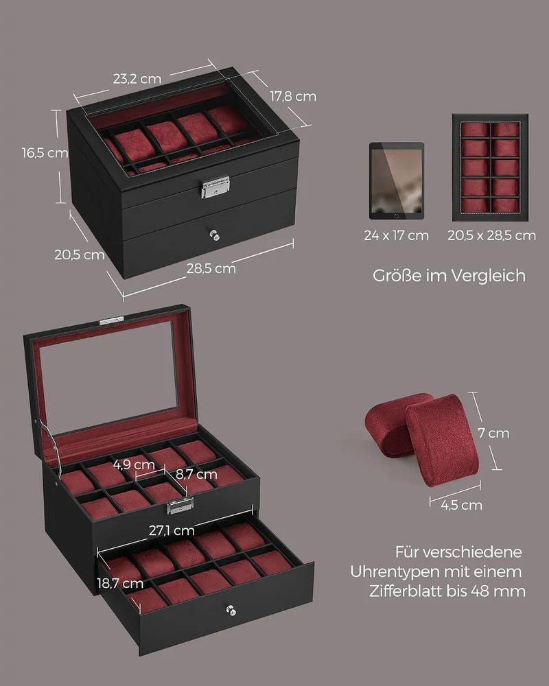 SONGMICS Uhrenbox mit Glasdeckel, 2 Ebenen, für 20 Uhren, abschliessbar 20 Fächer Schwarz + Weinrot,
