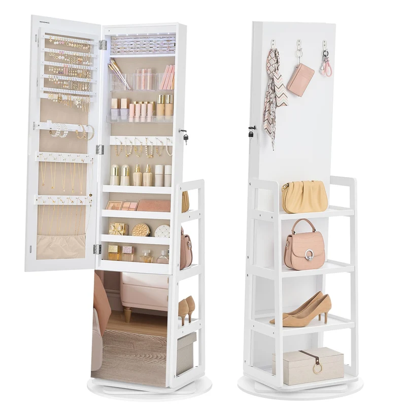 SONGMICS Schmuckschrank, mit Ganzkörperspiegel, 360° drehbar, abschliessbar Wolkenweiss, Wolkenweiss
