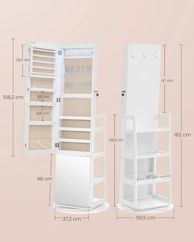 SONGMICS Schmuckschrank, mit Ganzkörperspiegel, 360° drehbar, abschliessbar Wolkenweiss, Wolkenweiss