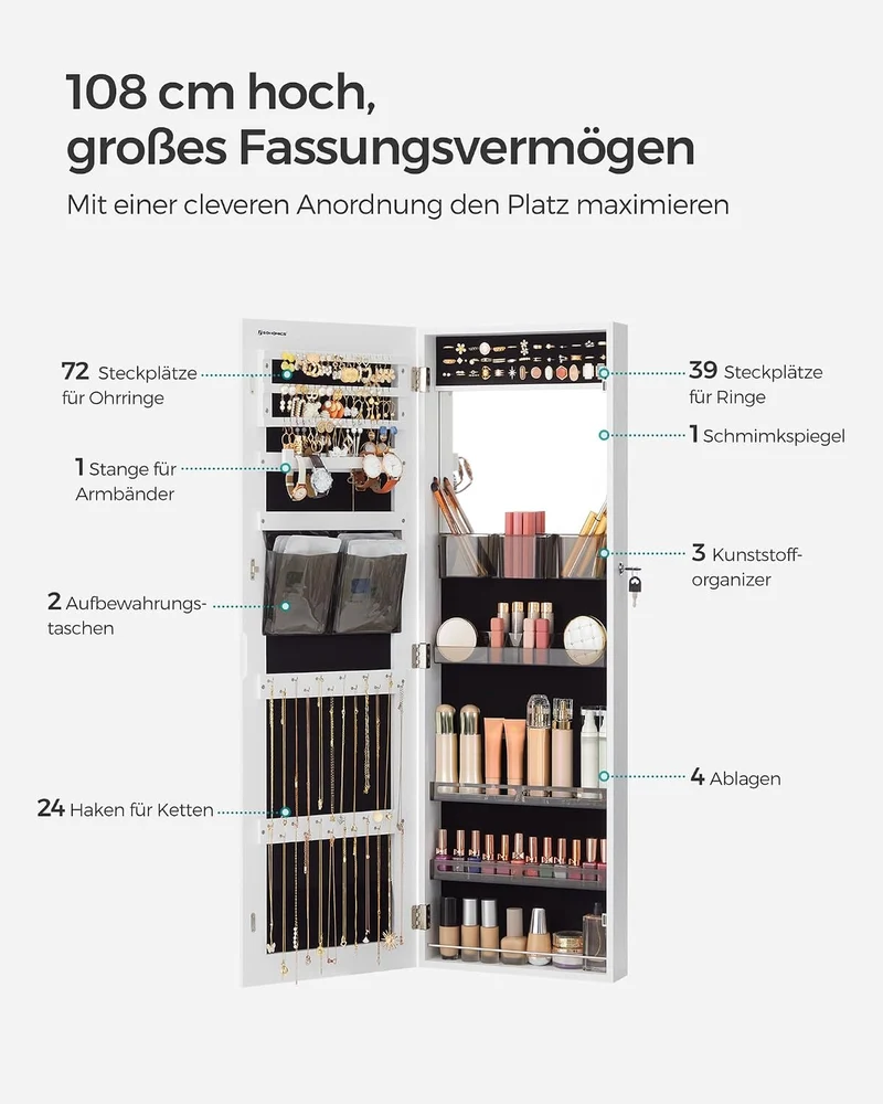 SONGMICS Schmuckschrank mit Spiegel, Hängeschrank, Ganzkörperspiegel