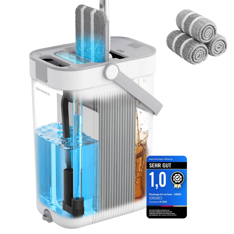 SONGMICS Wischmopp-Set mit Eimer, Bodenwischer, 3 Mikrofaserbezüge Weiss + Grau 3 Mikrofaserbezüge,
