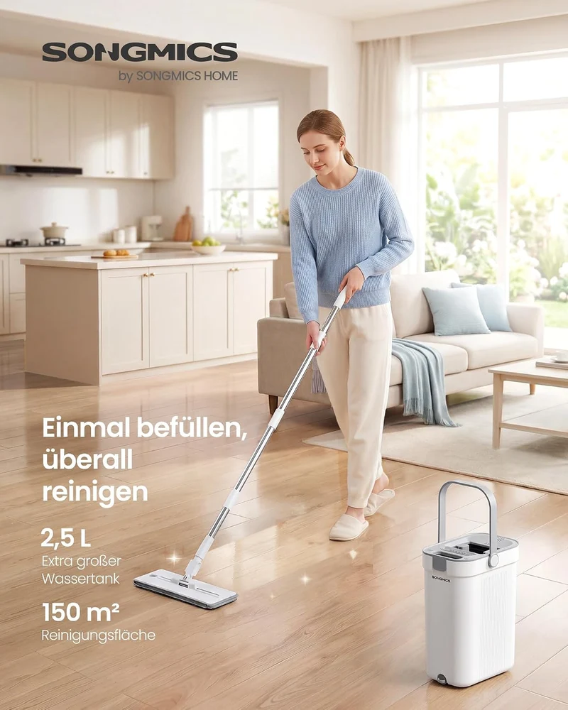 SONGMICS Wischmopp-Set mit Eimer, Bodenwischer, 3 Mikrofaserbezüge Weiss + Grau 3 Mikrofaserbezüge,
