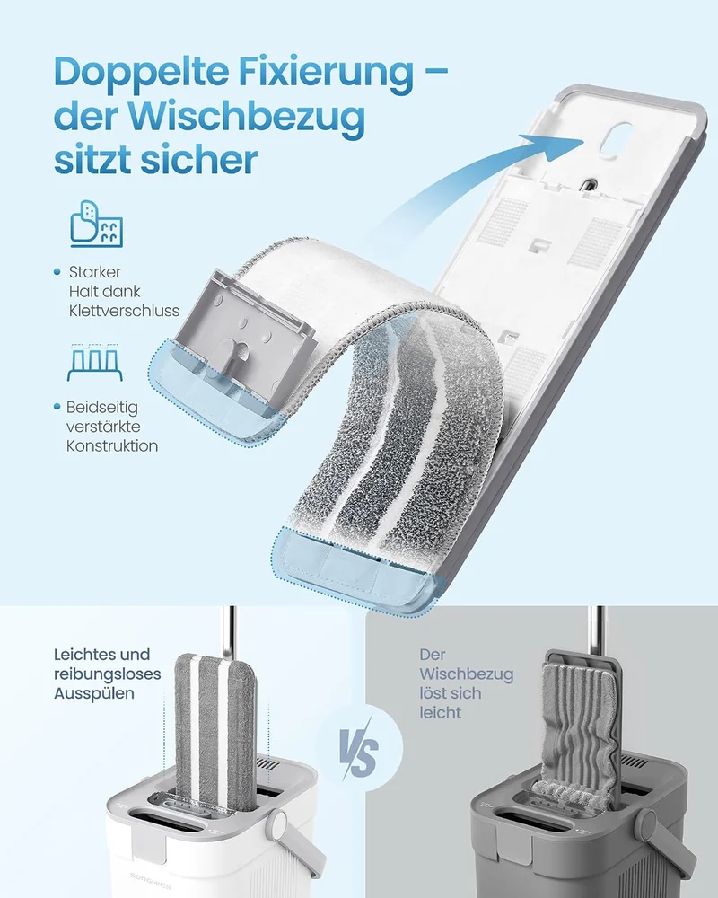 SONGMICS Wischmopp-Set mit Eimer, Bodenwischer, 3 Mikrofaserbezüge Weiss + Grau 3 Mikrofaserbezüge,
