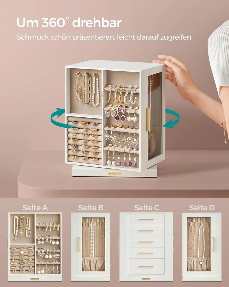 SONGMICS Schmuckkästchen, 360° drehbar, 5 Schubladen, seitliche Glasfenster Wolkenweiss 5 Schubladen
