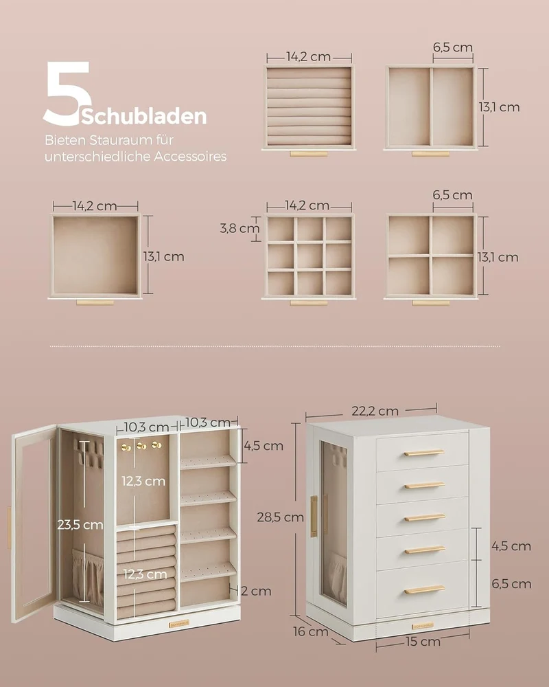 SONGMICS Schmuckkästchen, 360° drehbar, 5 Schubladen, seitliche Glasfenster Wolkenweiss 5 Schubladen
