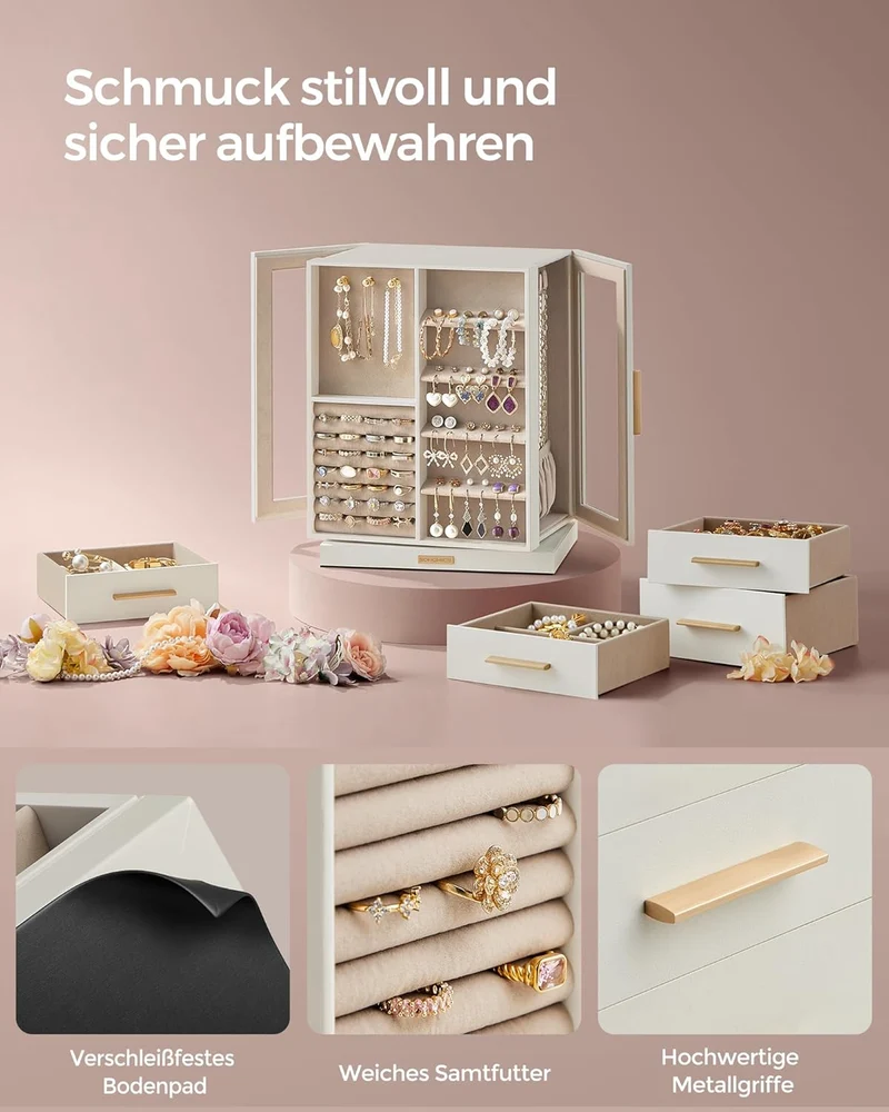 SONGMICS Schmuckkästchen, 360° drehbar, 5 Schubladen, seitliche Glasfenster Wolkenweiss 5 Schubladen