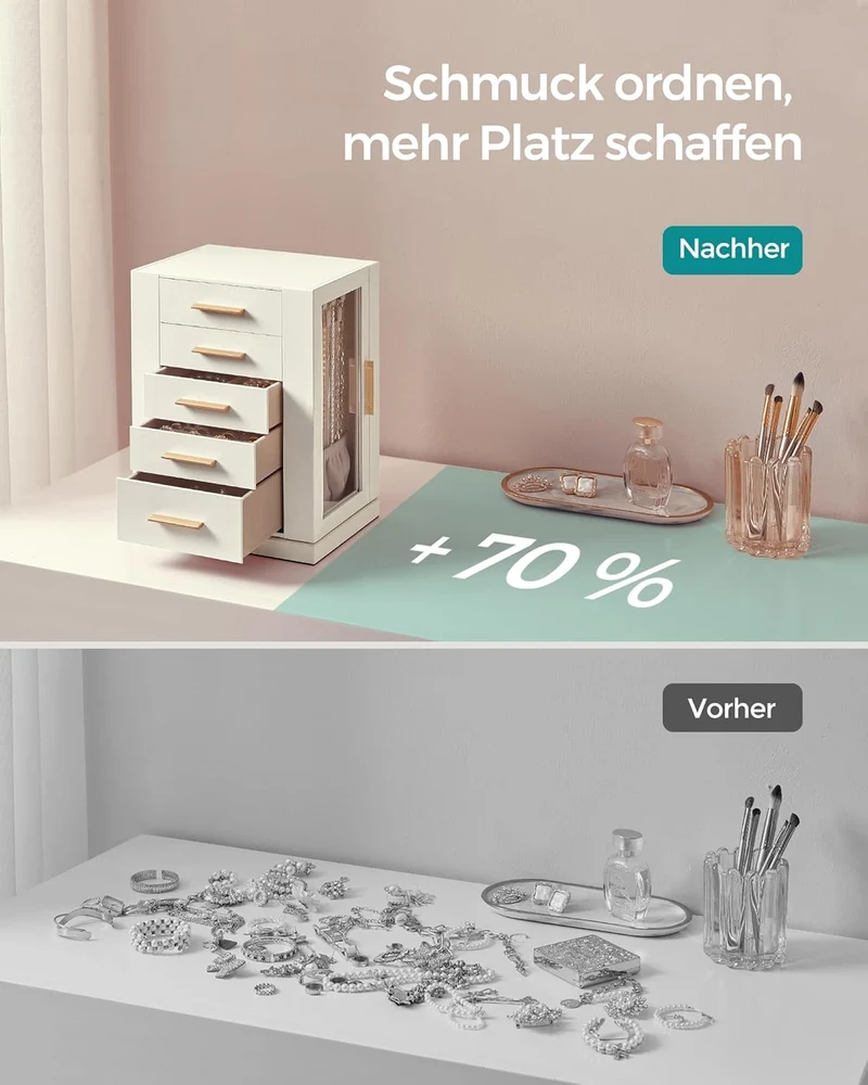 SONGMICS Schmuckkästchen, 360° drehbar, 5 Schubladen, seitliche Glasfenster Wolkenweiss 5 Schubladen