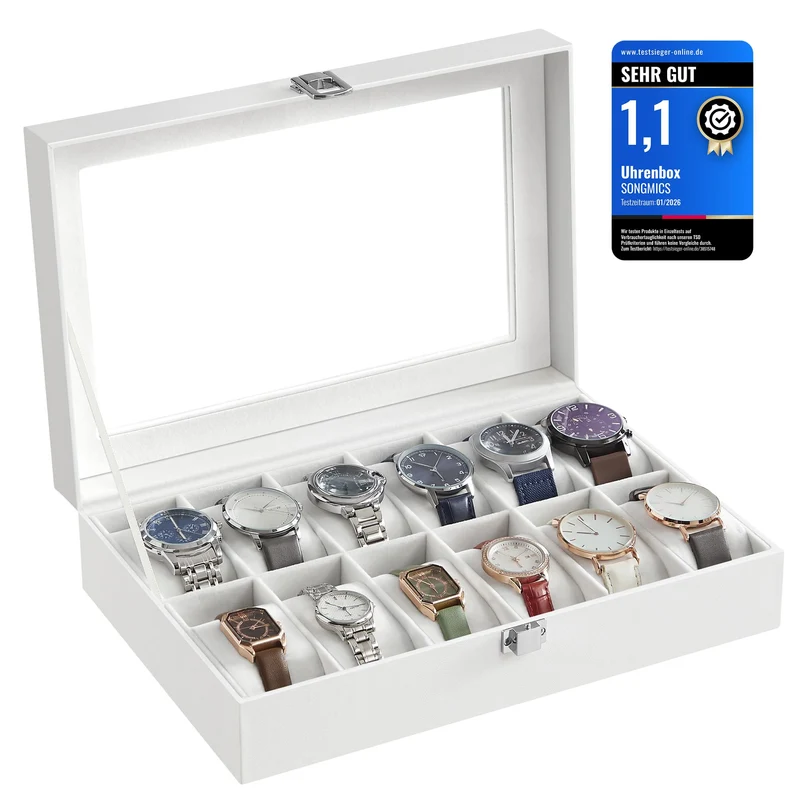 SONGMICS Uhrenbox mit 12 Fächern, Uhrenkasten, Glasdeckel, Uhrenkoffer mit herausnehmbaren Uhrenkiss