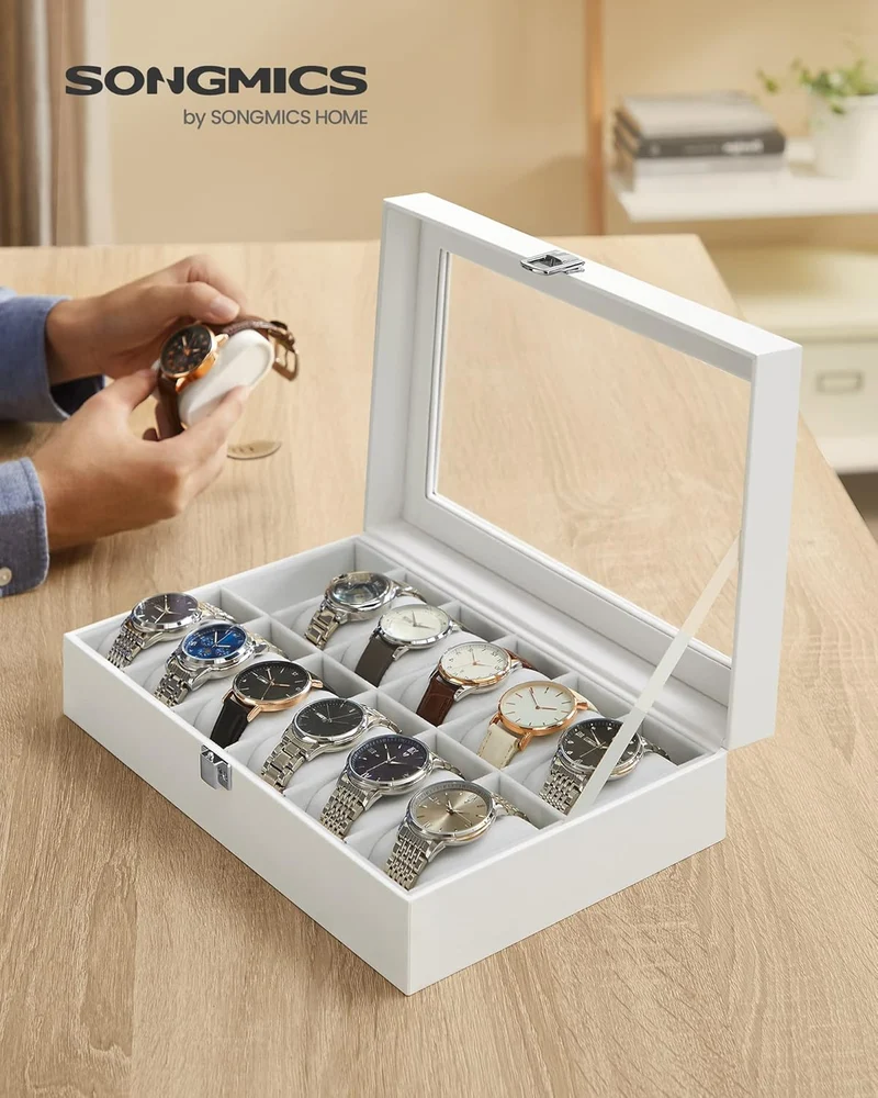 SONGMICS Uhrenbox mit 12 Fächern, Uhrenkasten, Glasdeckel, Uhrenkoffer mit herausnehmbaren Uhrenkiss
