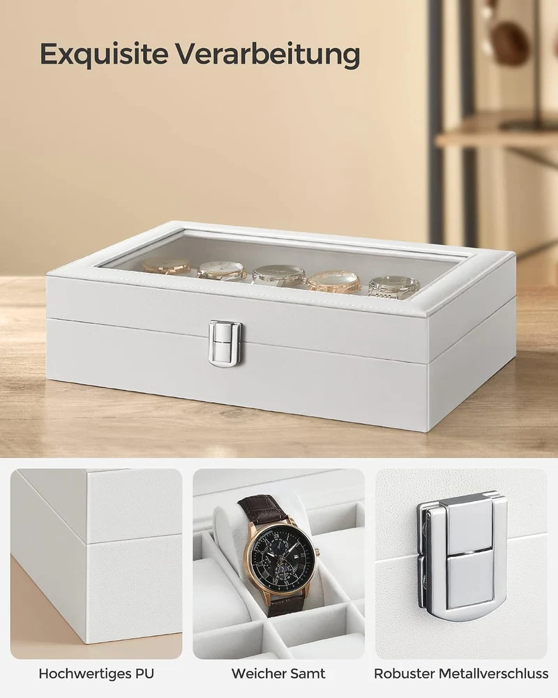 SONGMICS Uhrenbox mit 12 Fächern, Uhrenkasten, Glasdeckel, Uhrenkoffer mit herausnehmbaren Uhrenkiss